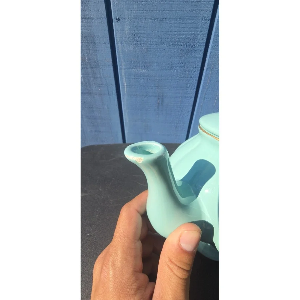 vintage turquoise ceramic teapot w/embossed 3D flower accent with gold trim